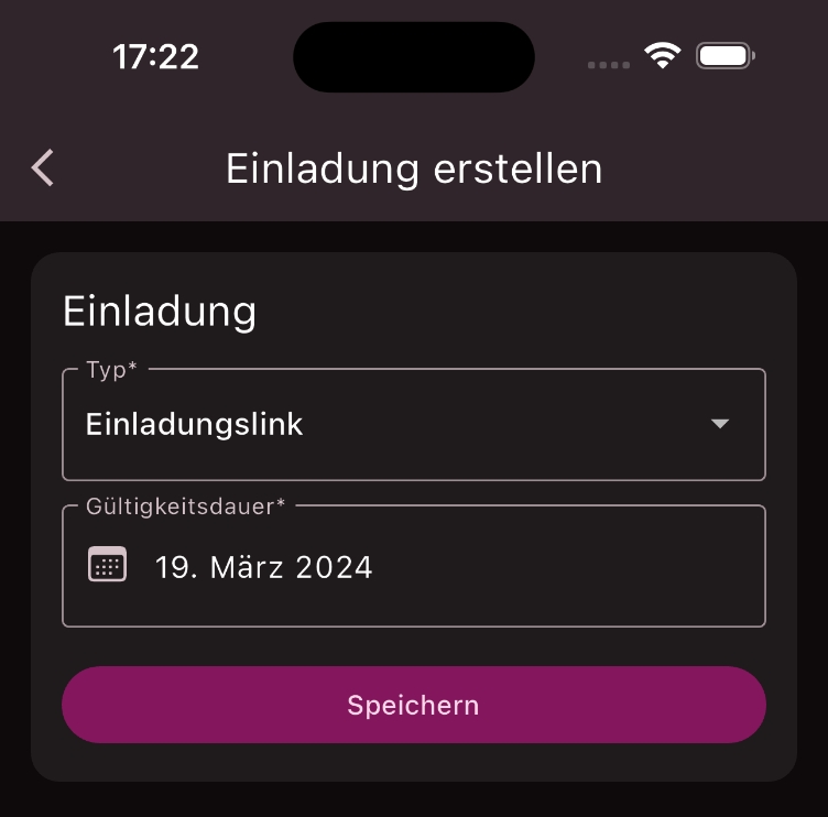 Eingabemaske um eine Einladung zu erstellen