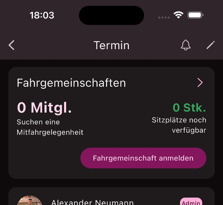 Menüpunkt Fahrgemeinschaften