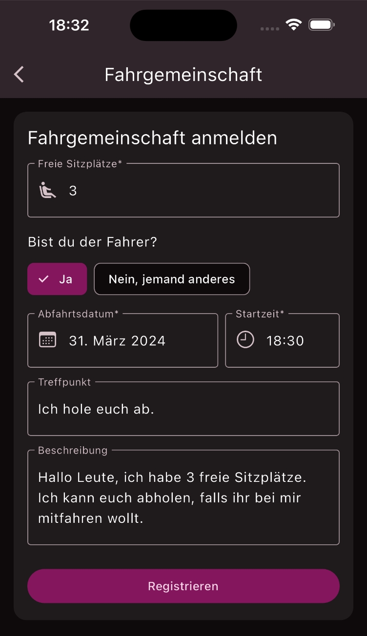 Eingabemaske Fahrgemeinschaften