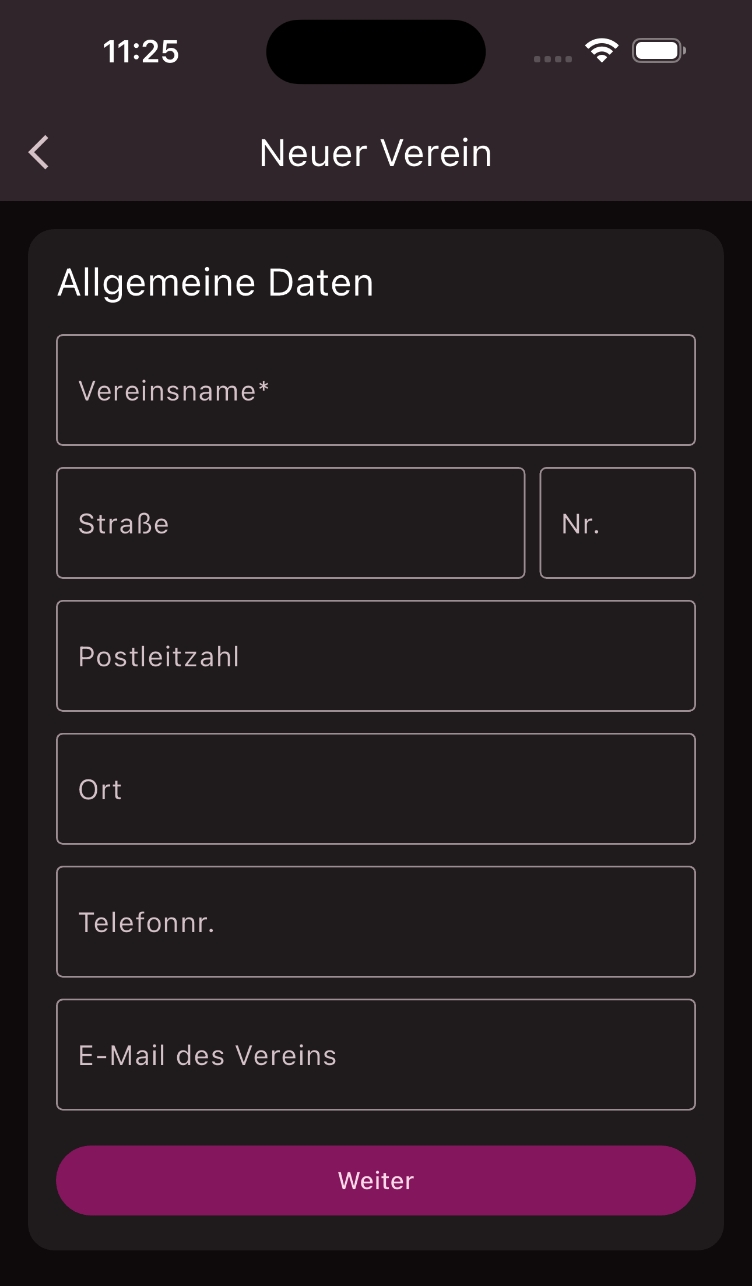 Eingabemaske Vereinsinformationen