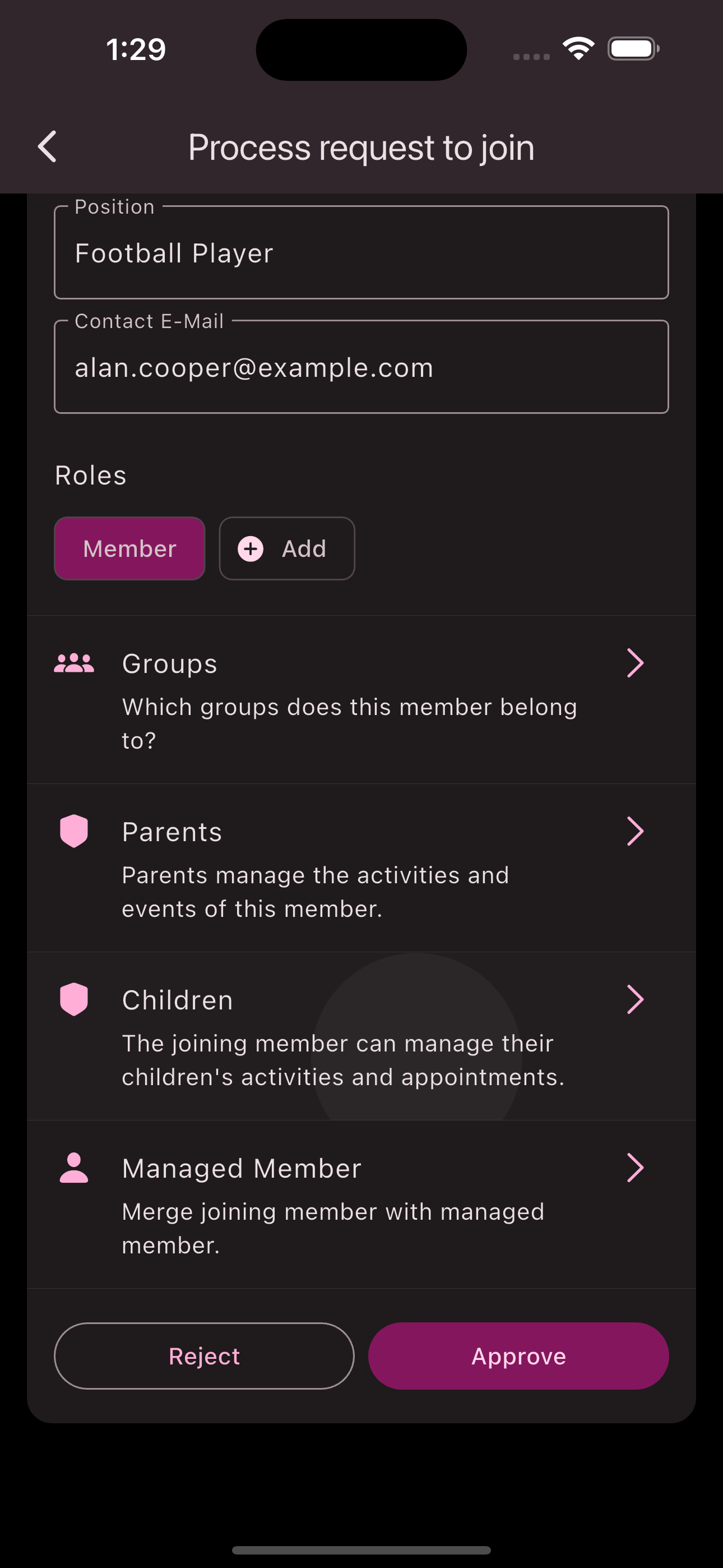 Detail view of join request