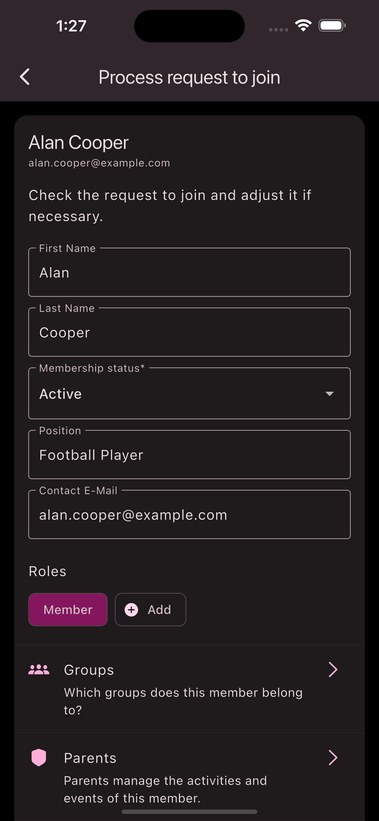 Detail view of join request