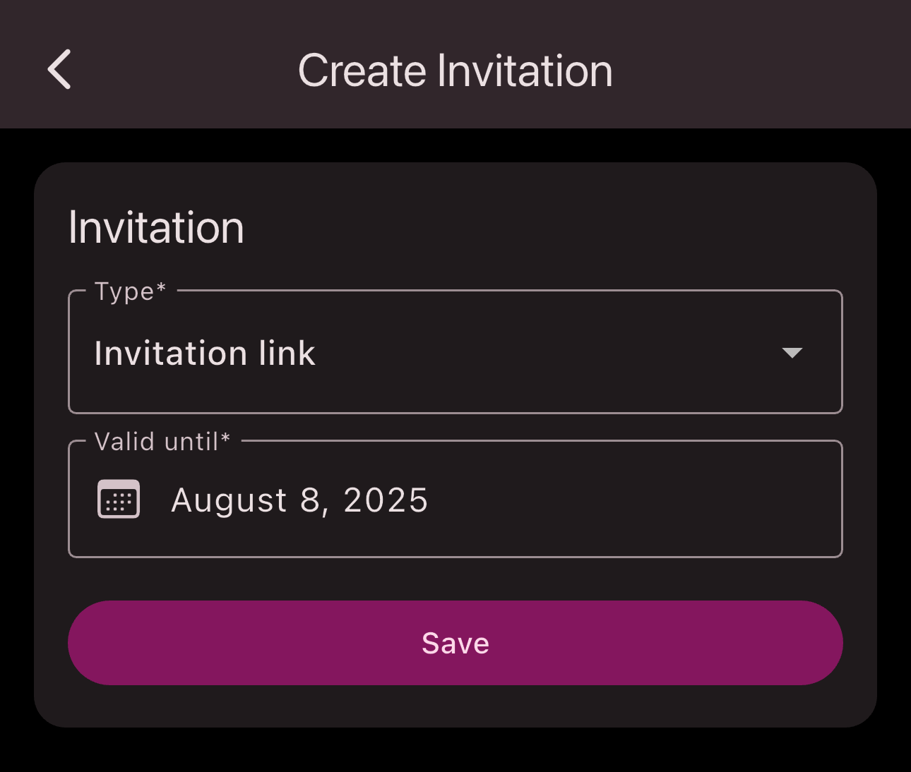 Input form for creating an invitation