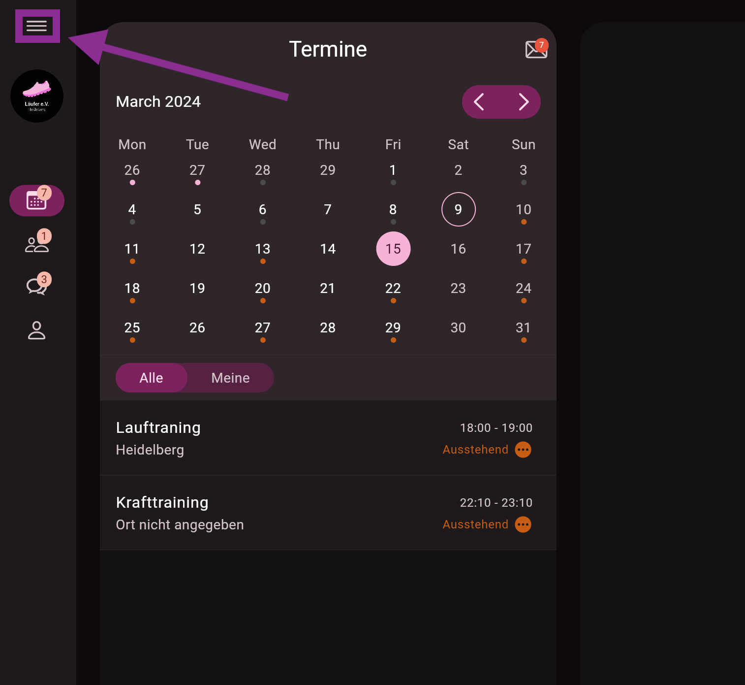 Screenshot mit Menü Button